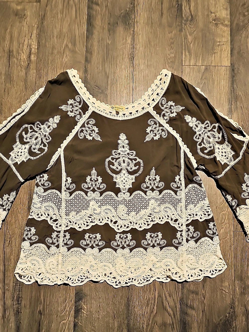 Democracy Embroidered Floral Blouse Brown White Size Large Bohemian Lace